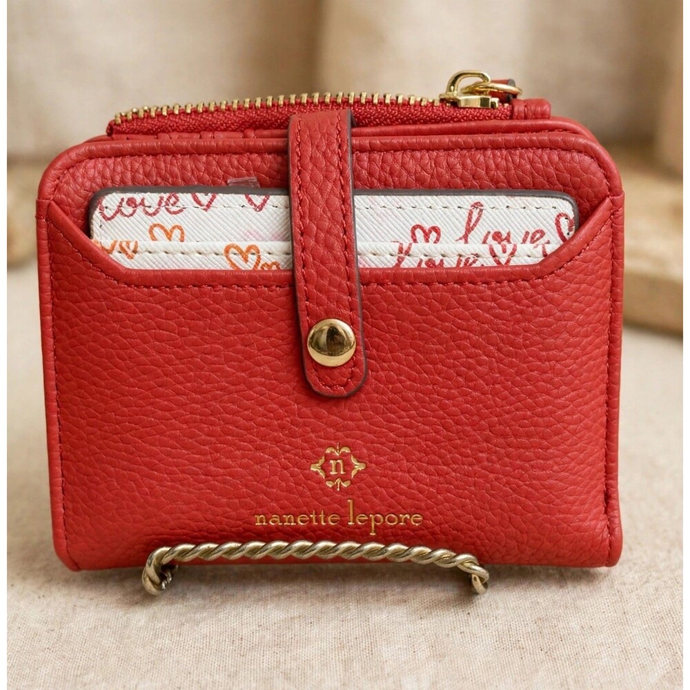 Nanette Lepore Red Bifold Wallet With Removable Card Case Pebble Vegan Leather